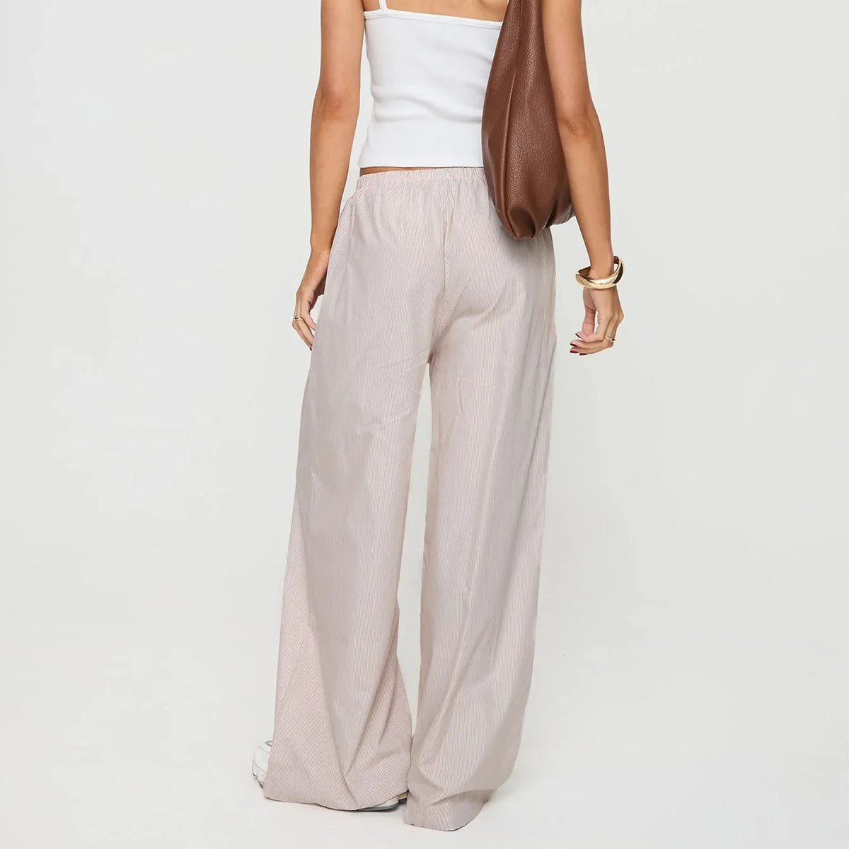 Cago Loose Wide Leg Casual Stripe Elastic Drawstring Work Office Summer Pants