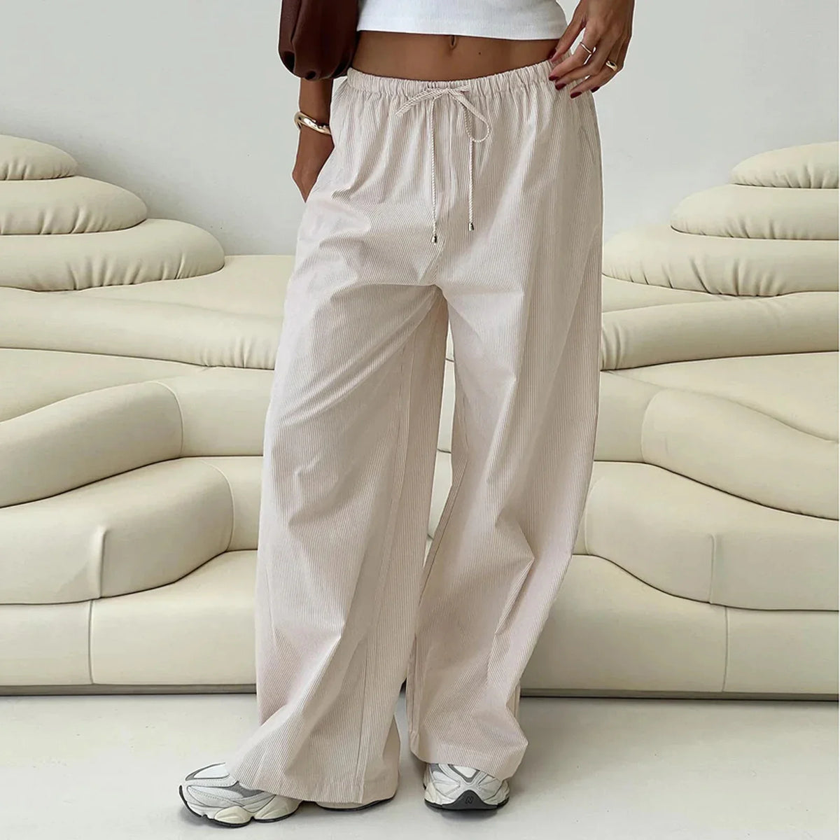 Cago Loose Wide Leg Casual Stripe Elastic Drawstring Work Office Summer Pants