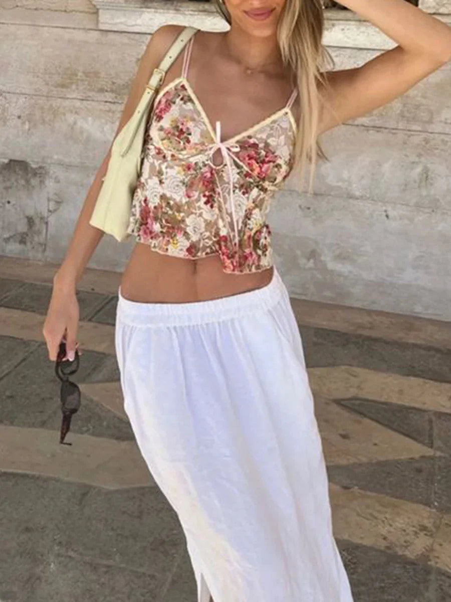 Lace Sheer Floral V Neck Crop Top