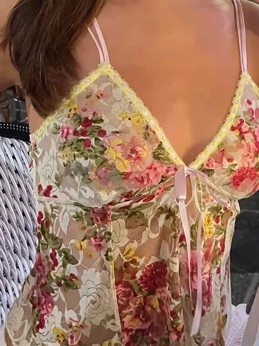 Lace Sheer Floral V Neck Crop Top