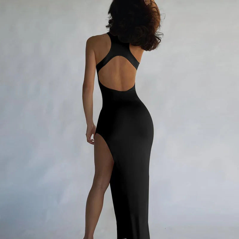Satin Halter Neck Sleeveless High-Slit Maxi Dress