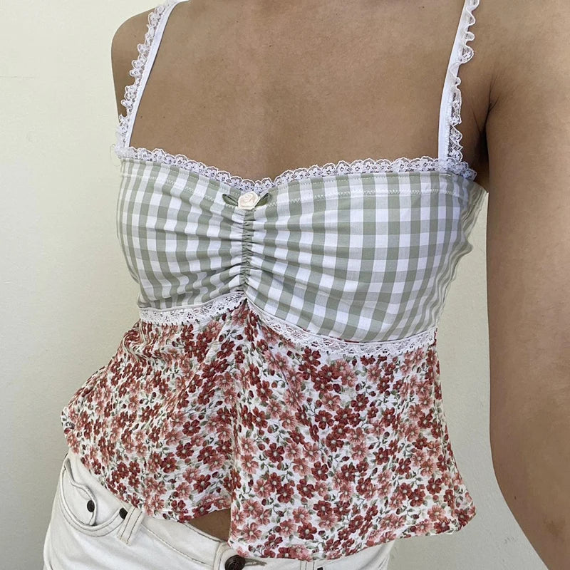 Y2K Lace Trim Plaid Floral Sleeveless Crop Top