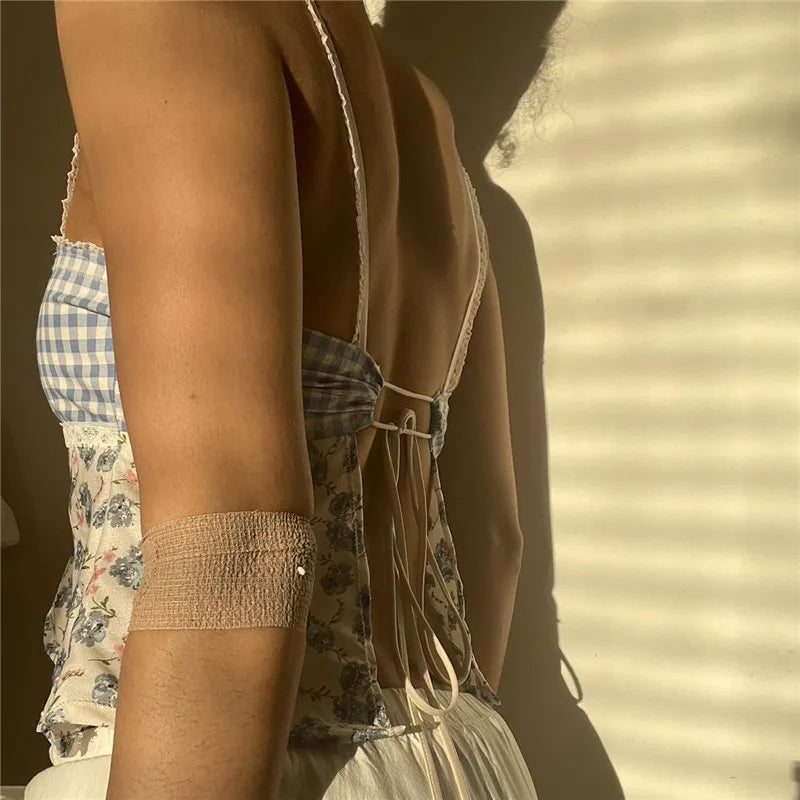 Y2K Lace Trim Plaid Floral Sleeveless Crop Top