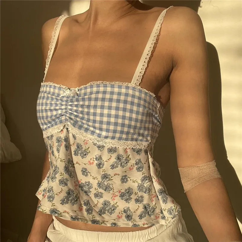 Y2K Lace Trim Plaid Floral Sleeveless Crop Top