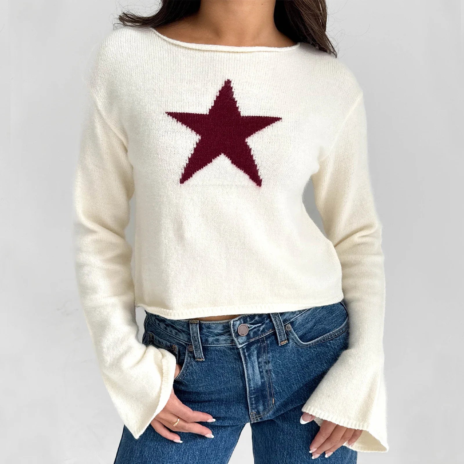 Y2K Star Print Lightweight Crewneck Cropped Knit Pullover Top