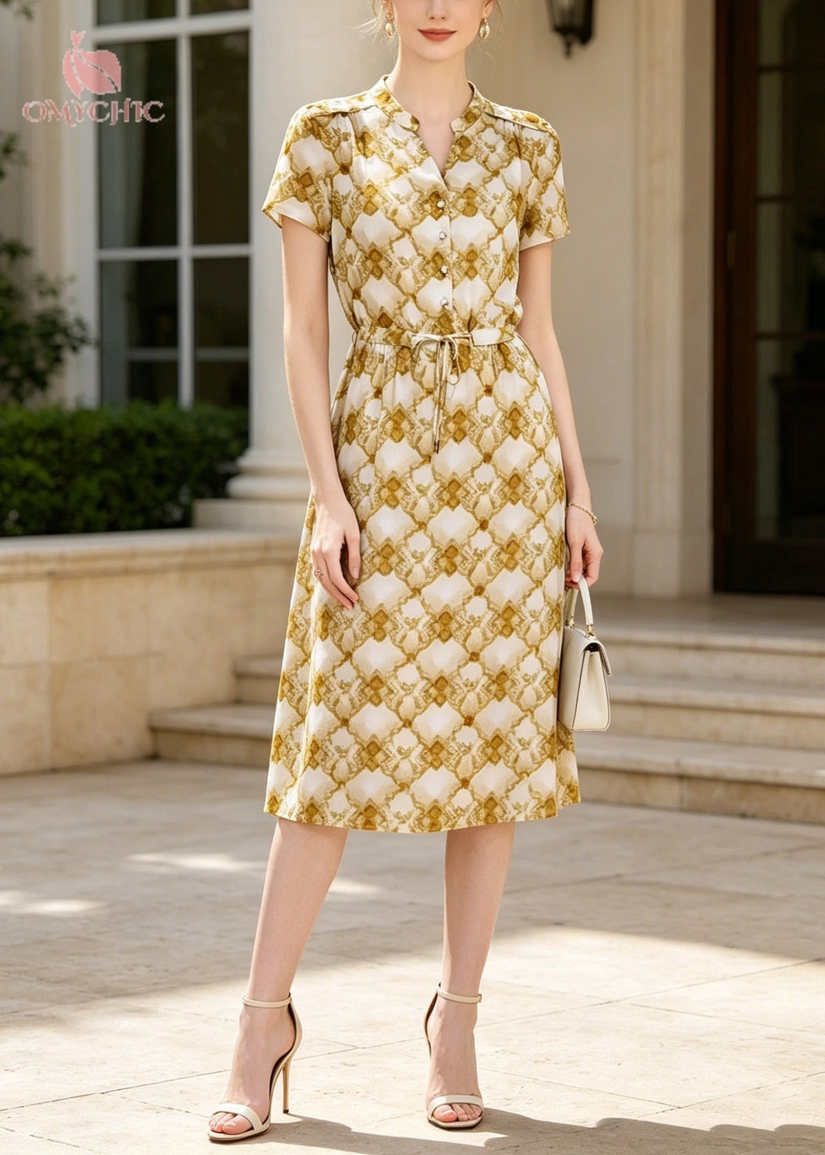 Satin Geometric Print Mandarin Collar Tie Waist Shirt Midi Dress