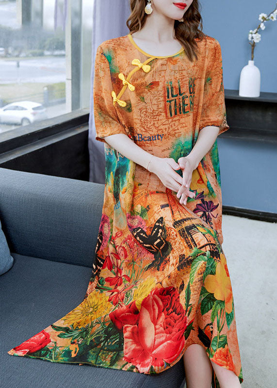 Graphic Collage Print Round Neck Frog Button Short Sleeve Midi Dress - View 2