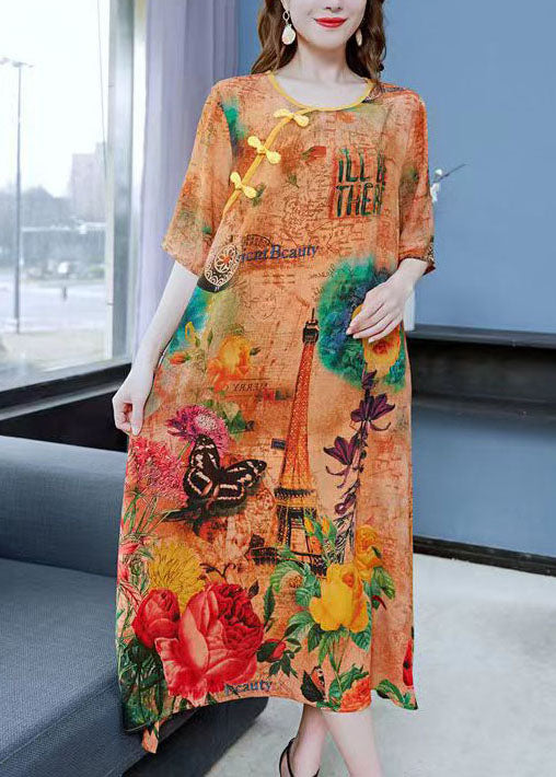 Graphic Collage Print Round Neck Frog Button Short Sleeve Midi Dress - View 4
