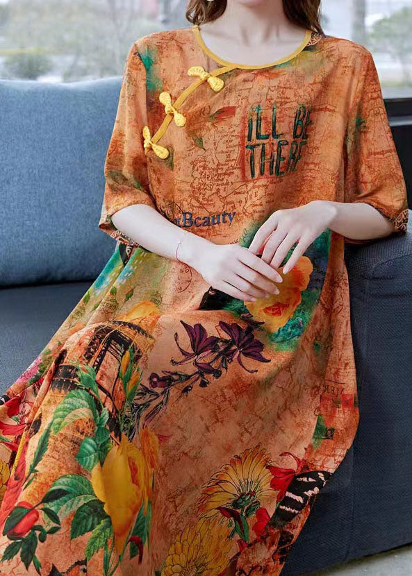 Graphic Collage Print Round Neck Frog Button Short Sleeve Midi Dress - View 5