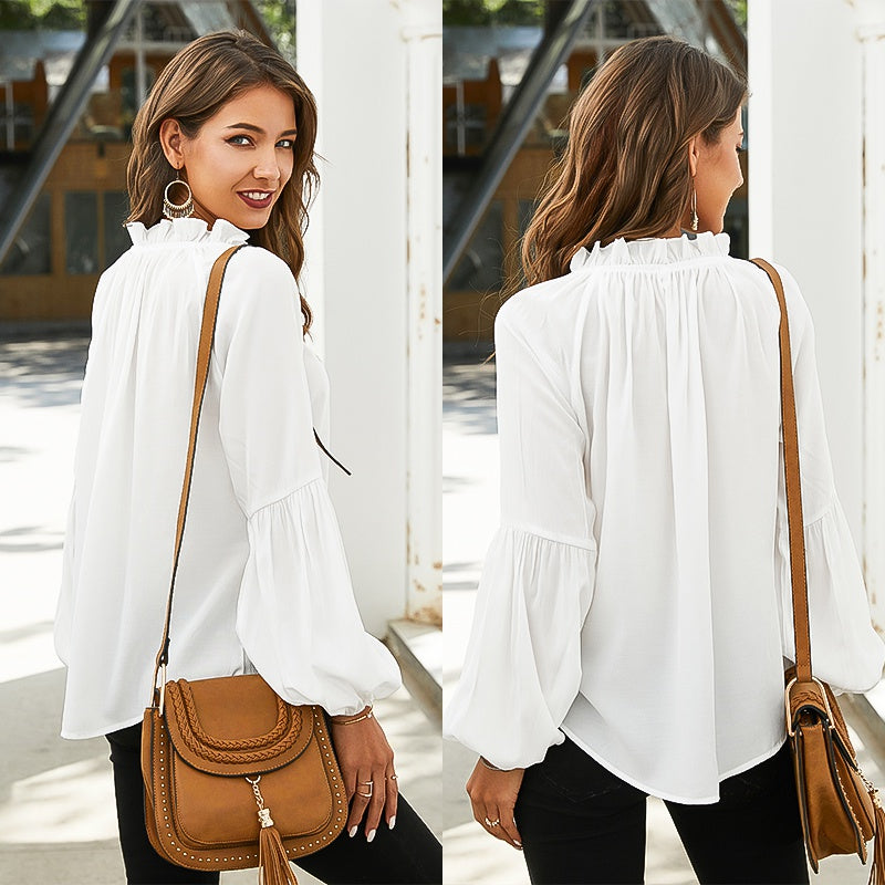 Women drawstring neck lantern Long Sleeve Chiffon Shirt Solid Color Tops Plus Size Blouse - Fashionpara