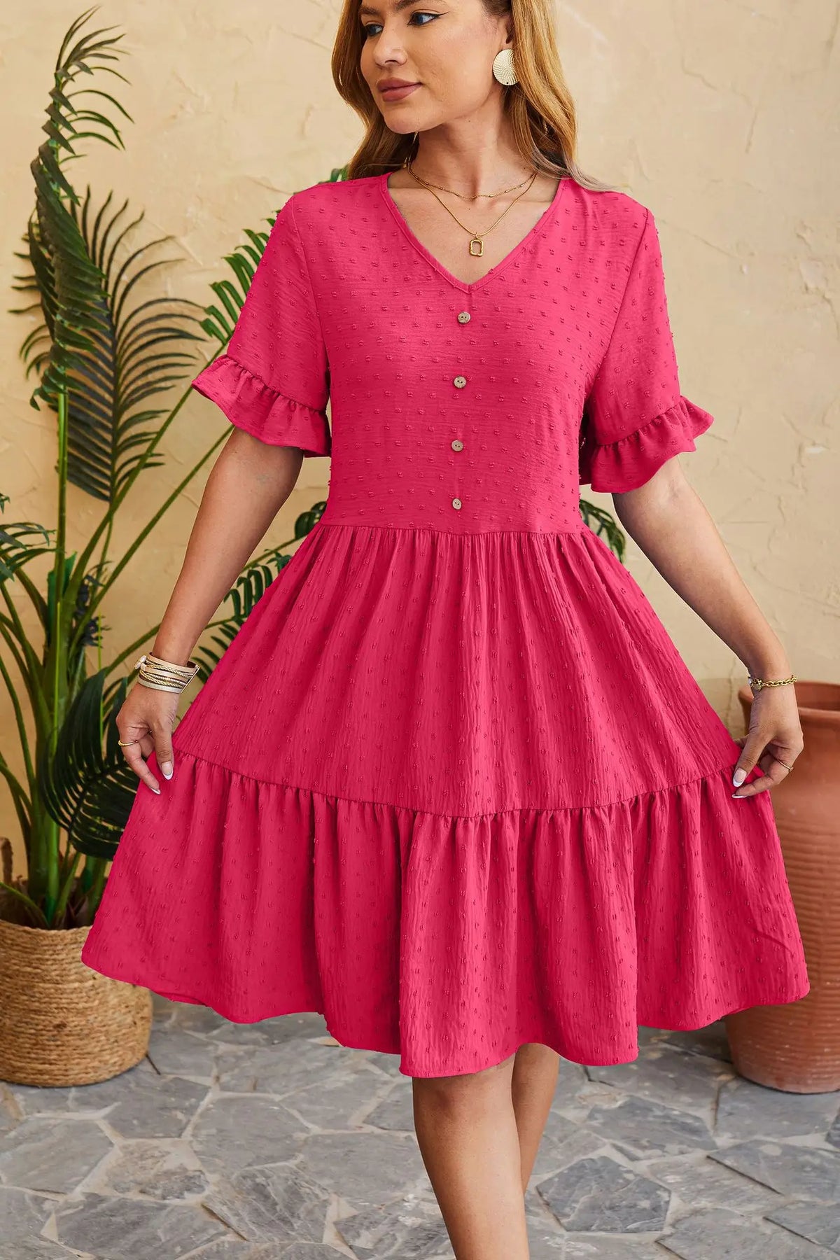 Polka Dot V-Neck Button Front Ruffle Sleeve Mini Dress