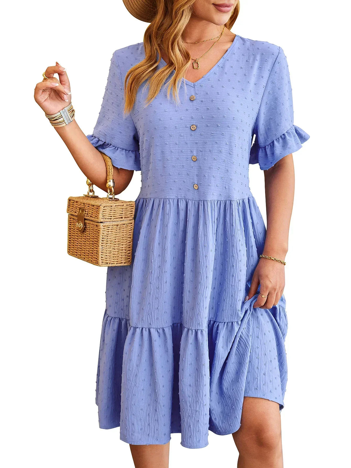 Polka Dot V-Neck Button Front Ruffle Sleeve Mini Dress - View 8