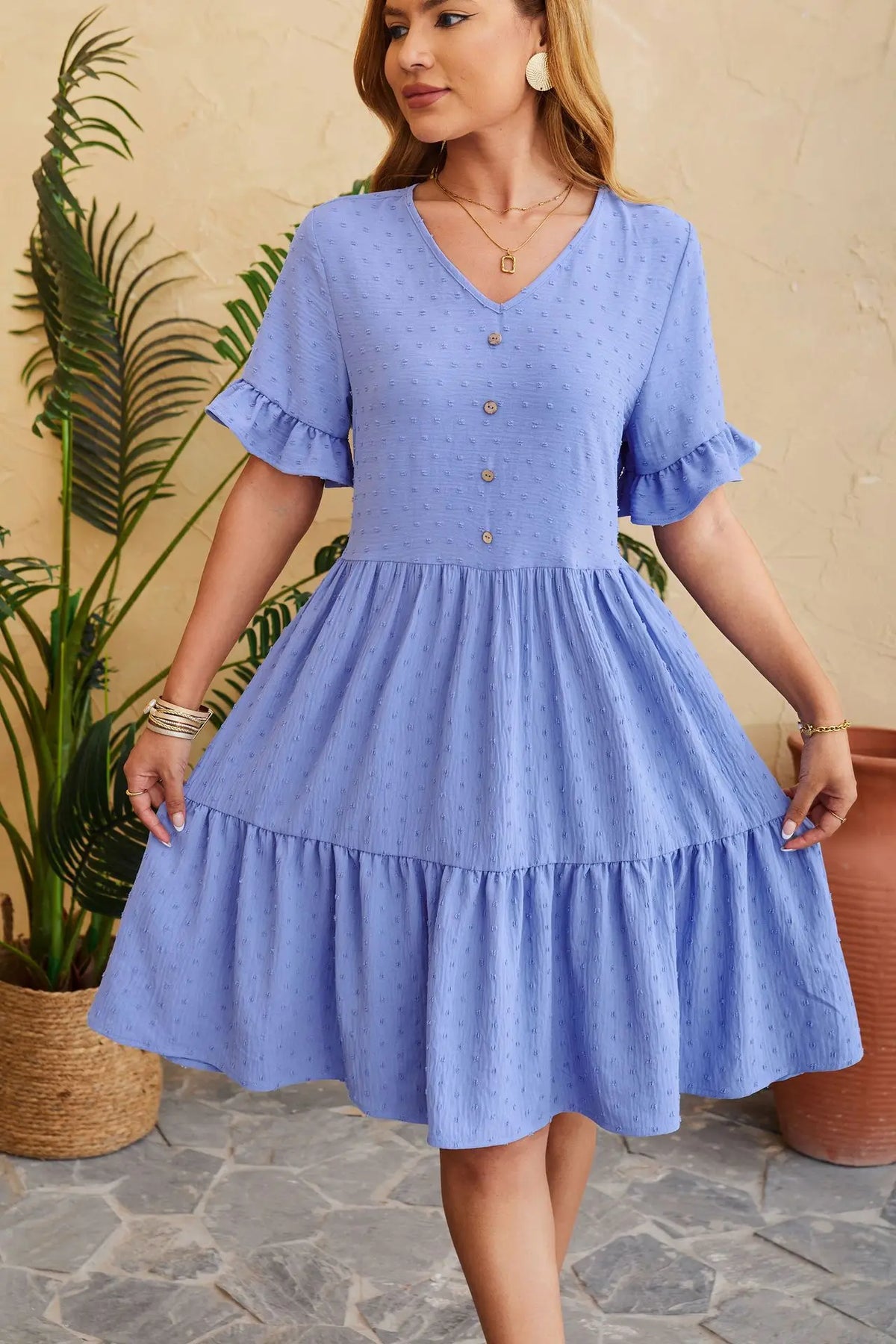 Polka Dot V-Neck Button Front Ruffle Sleeve Mini Dress - View 3