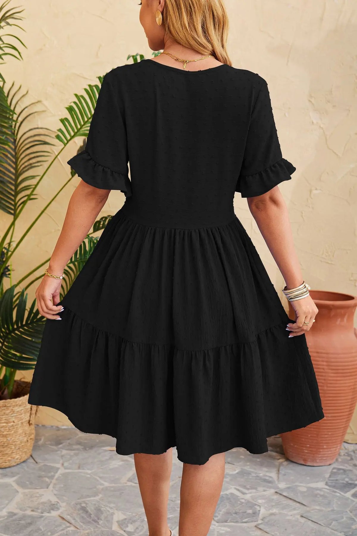 Polka Dot V-Neck Button Front Ruffle Sleeve Mini Dress - View 6