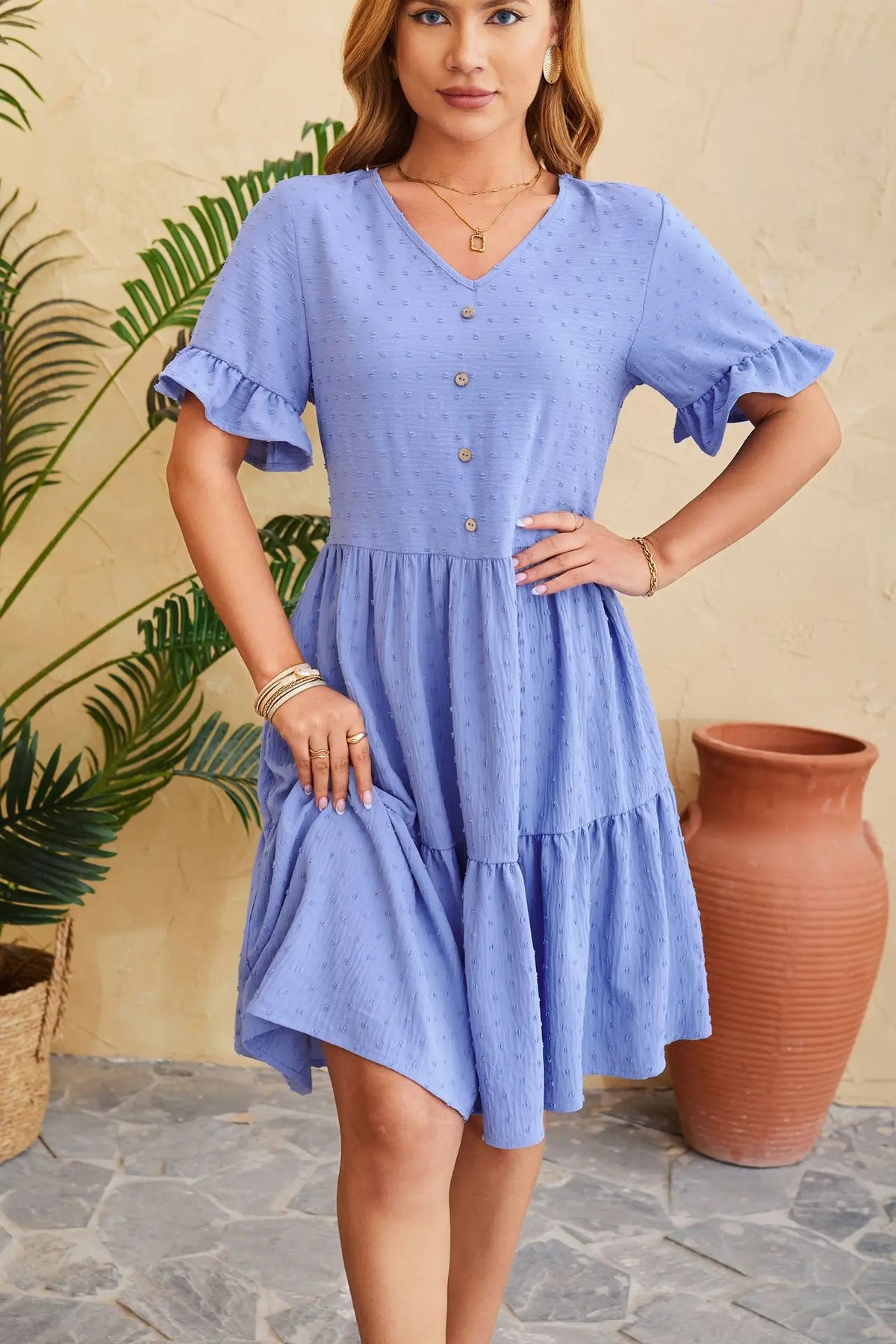Polka Dot V-Neck Button Front Ruffle Sleeve Mini Dress - View 4