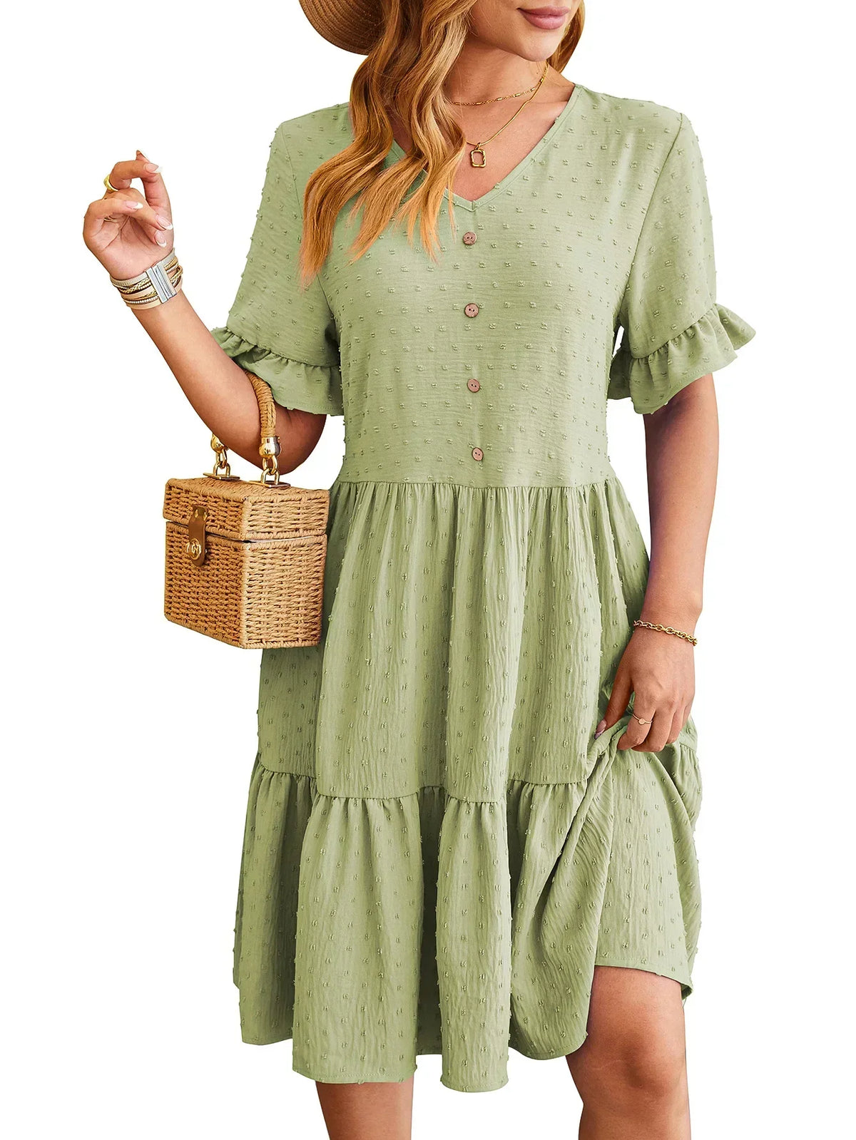 Polka Dot V-Neck Button Front Ruffle Sleeve Mini Dress - View 9