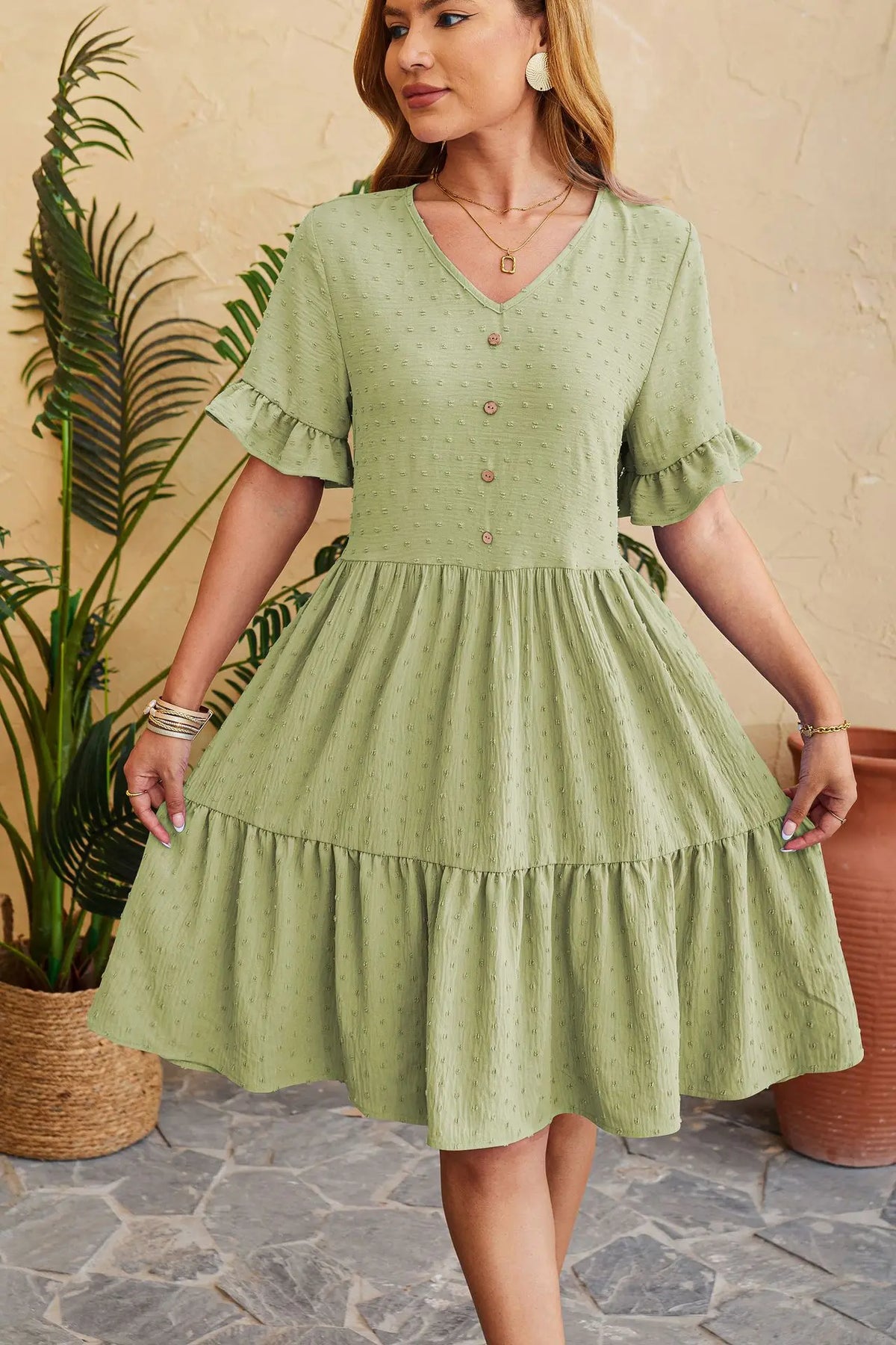 Polka Dot V-Neck Button Front Ruffle Sleeve Mini Dress - View 2