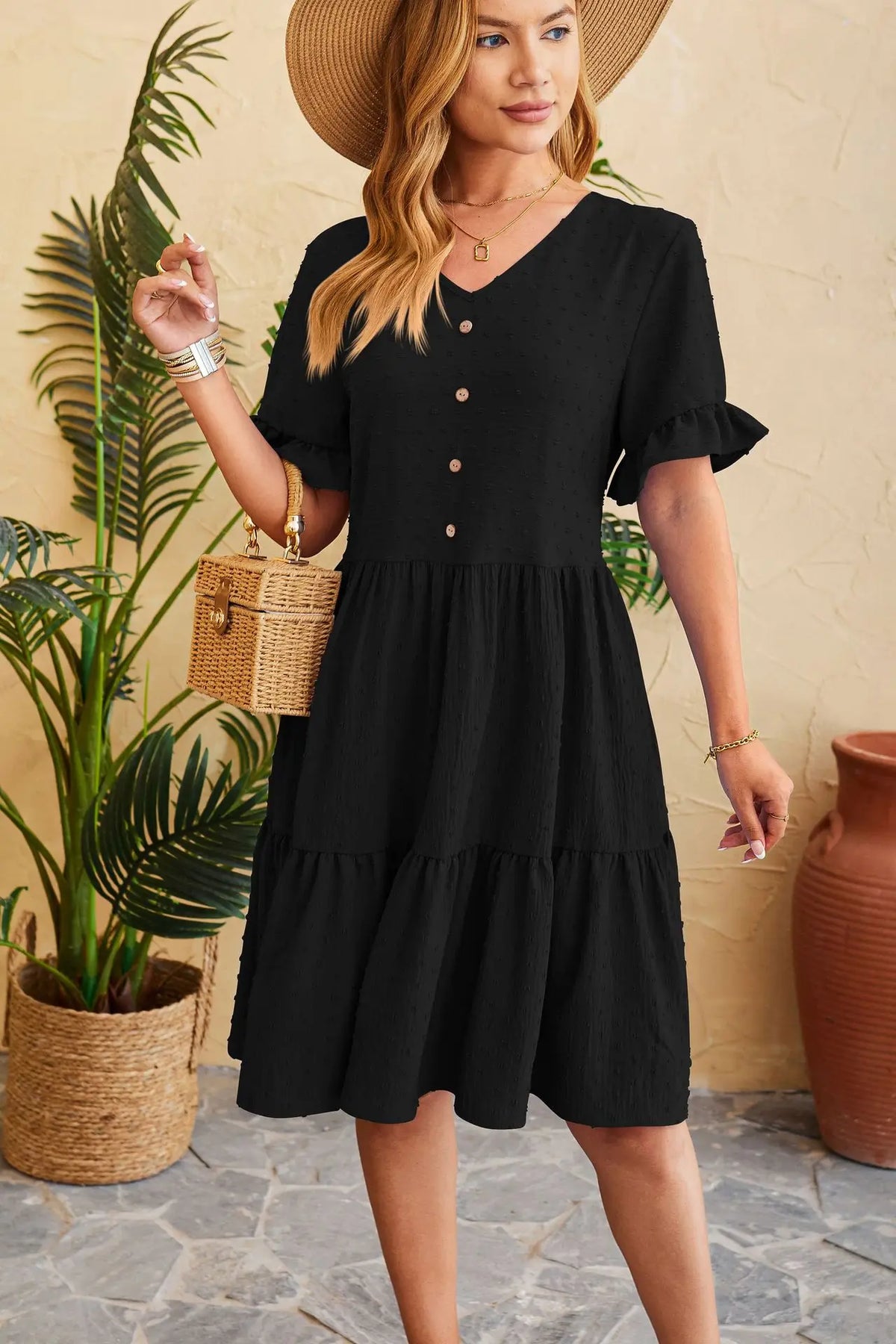 Polka Dot V-Neck Button Front Ruffle Sleeve Mini Dress - View 5
