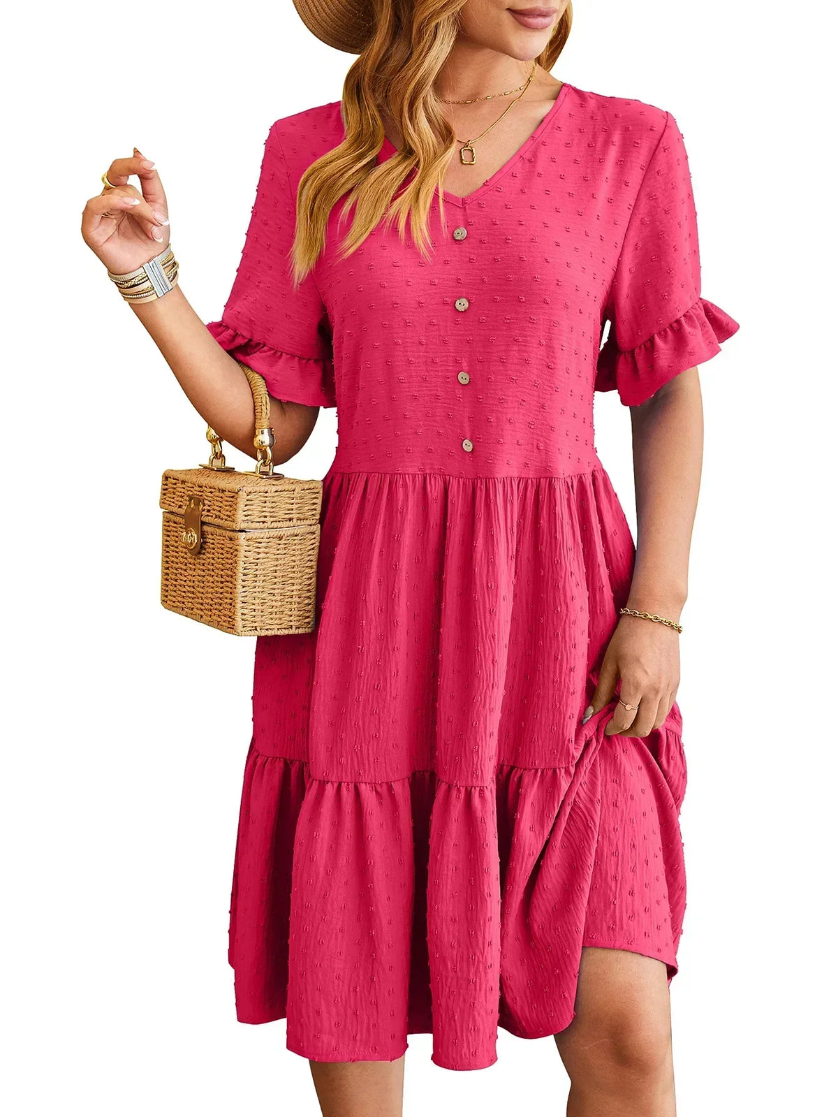Polka Dot V-Neck Button Front Ruffle Sleeve Mini Dress - View 7