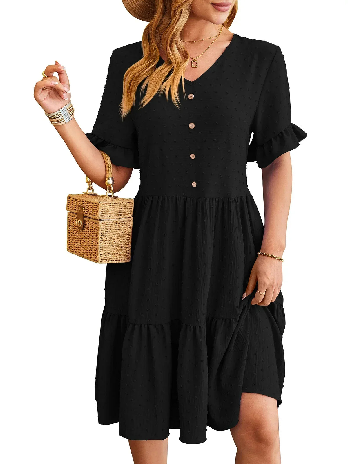 Polka Dot V-Neck Button Front Ruffle Sleeve Mini Dress - View 10
