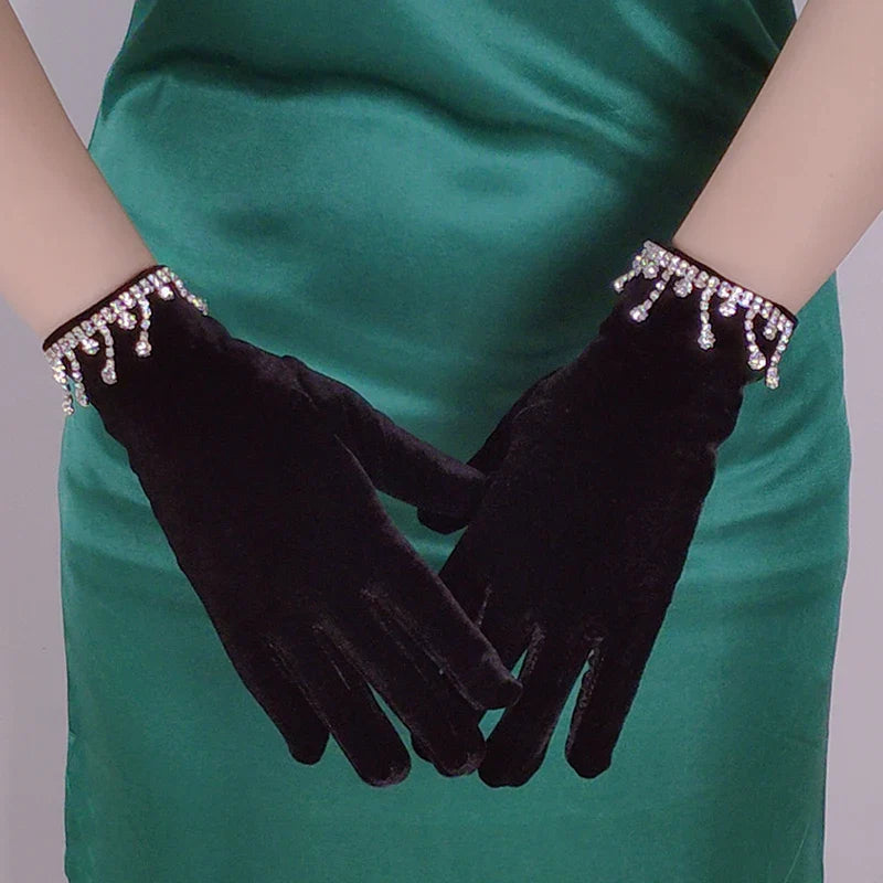 Golden Velvet Tassel Rhinestone Full Finger Christmas Glove for Makeup Party Opera Dance - Fashionpara