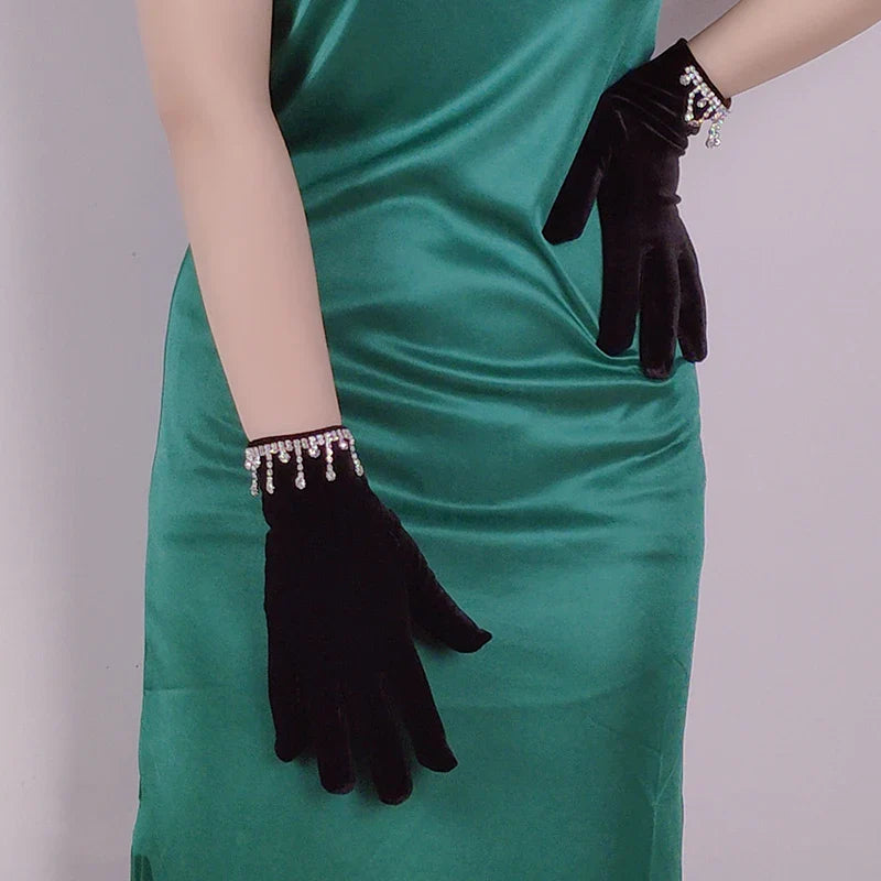 Golden Velvet Tassel Rhinestone Full Finger Christmas Glove for Makeup Party Opera Dance - Fashionpara