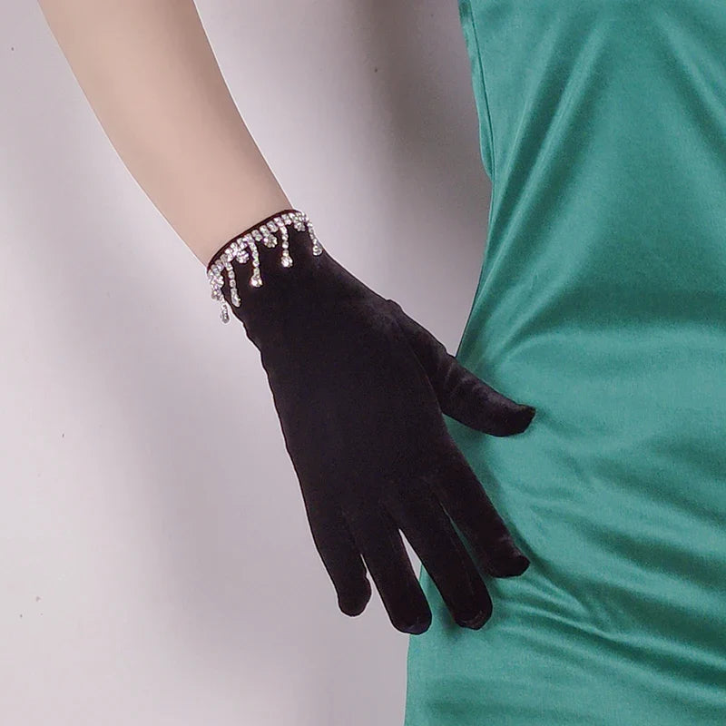 Golden Velvet Tassel Rhinestone Full Finger Christmas Glove for Makeup Party Opera Dance - Fashionpara