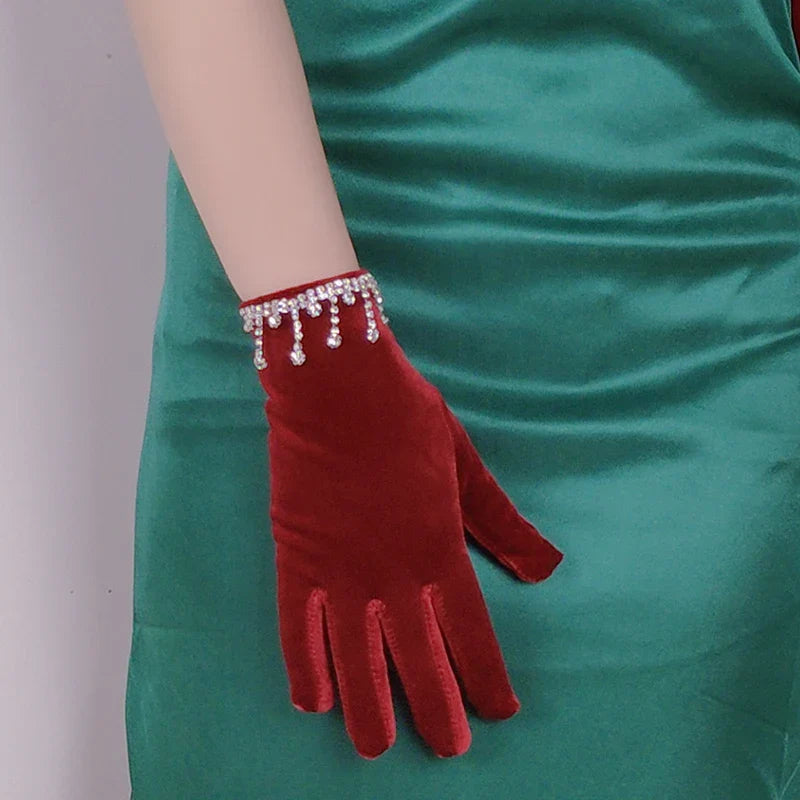 Golden Velvet Tassel Rhinestone Full Finger Christmas Glove for Makeup Party Opera Dance - Fashionpara