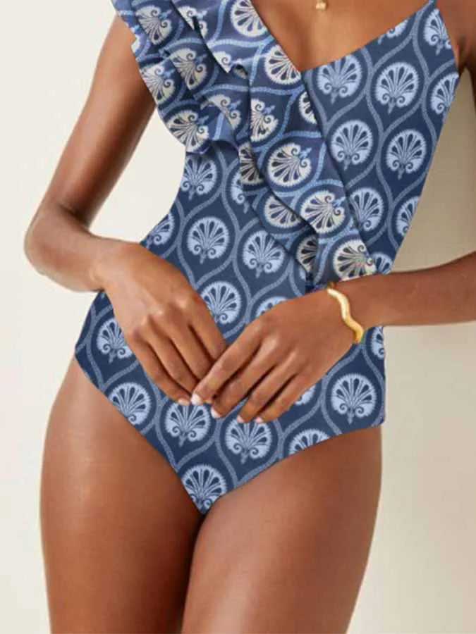 Blue Printed Deep V One Piece Swimsuit