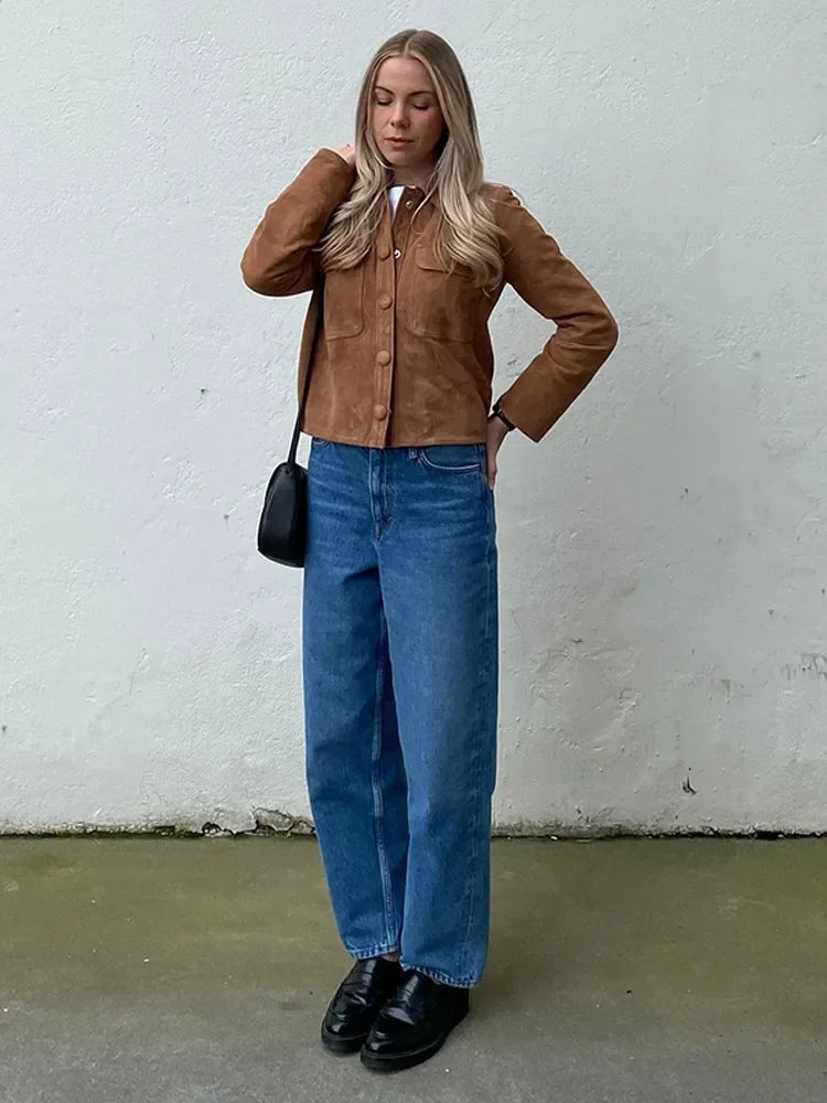 Brown Woolen Long Sleeve Short Coat