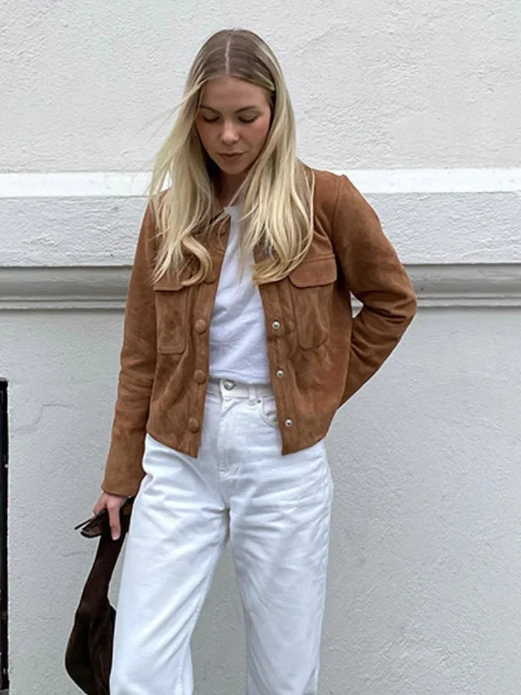 Brown Woolen Long Sleeve Short Coat