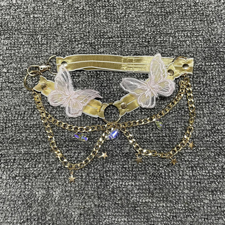 Butterfly Embroidered Crystal Chain Backless Crop Top