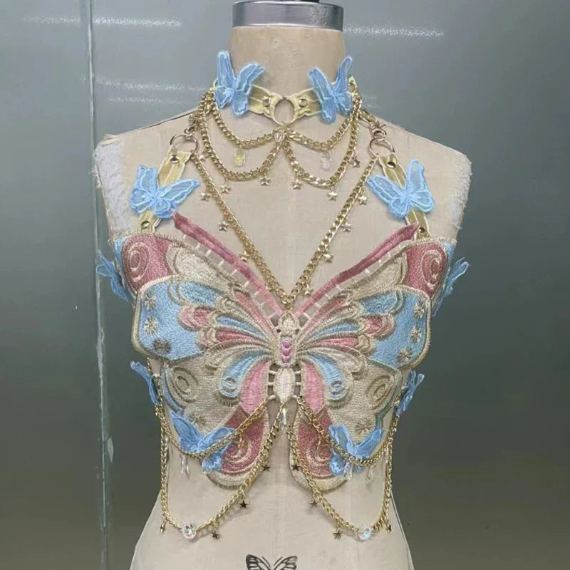 Butterfly Embroidered Crystal Chain Backless Crop Top