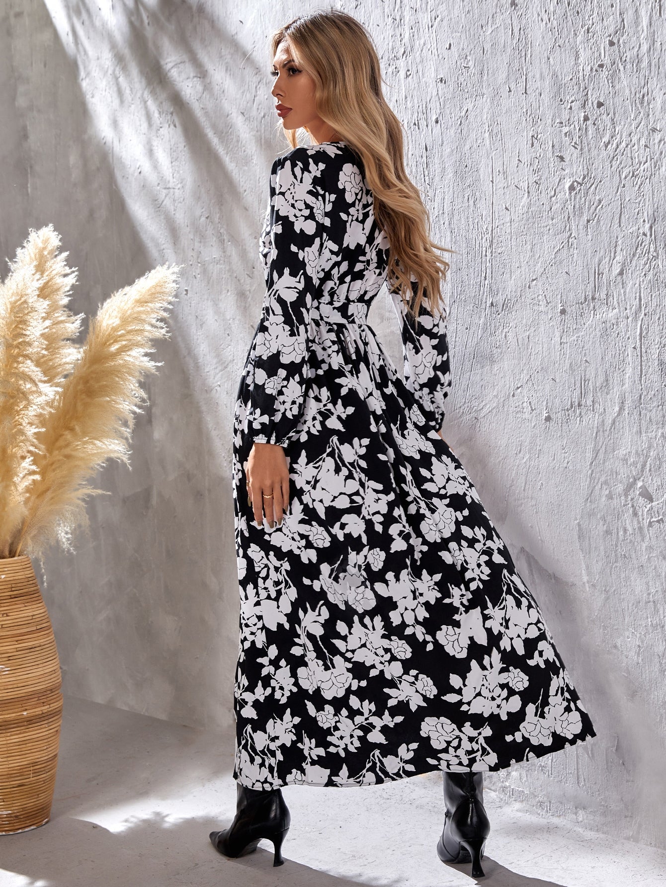 Women's Casual Floral Print Evening Dresses Long Sleeve V Neck Cocktail Party Long Maxi Dress - Fashionpara