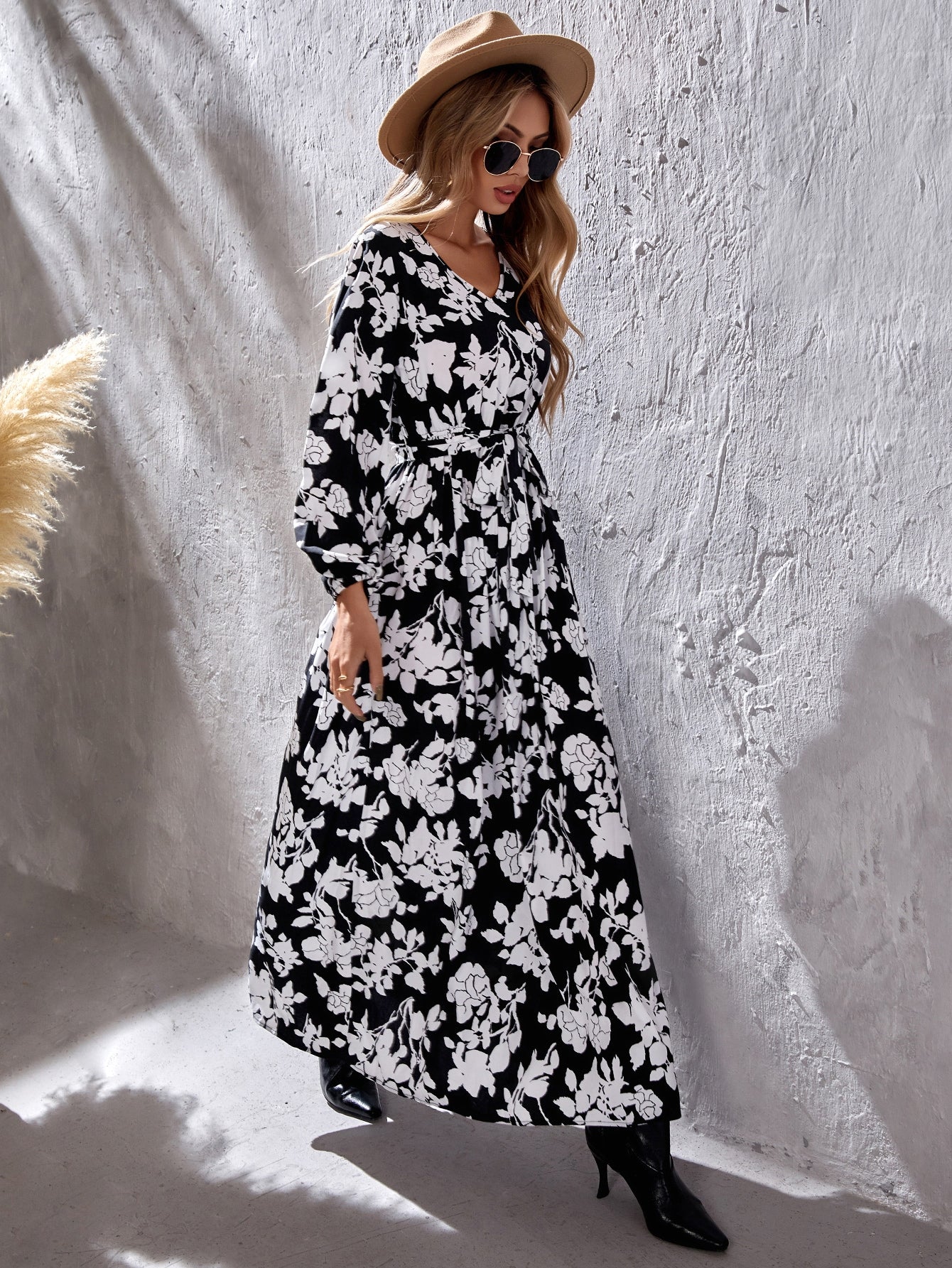 Women's Casual Floral Print Evening Dresses Long Sleeve V Neck Cocktail Party Long Maxi Dress - Fashionpara