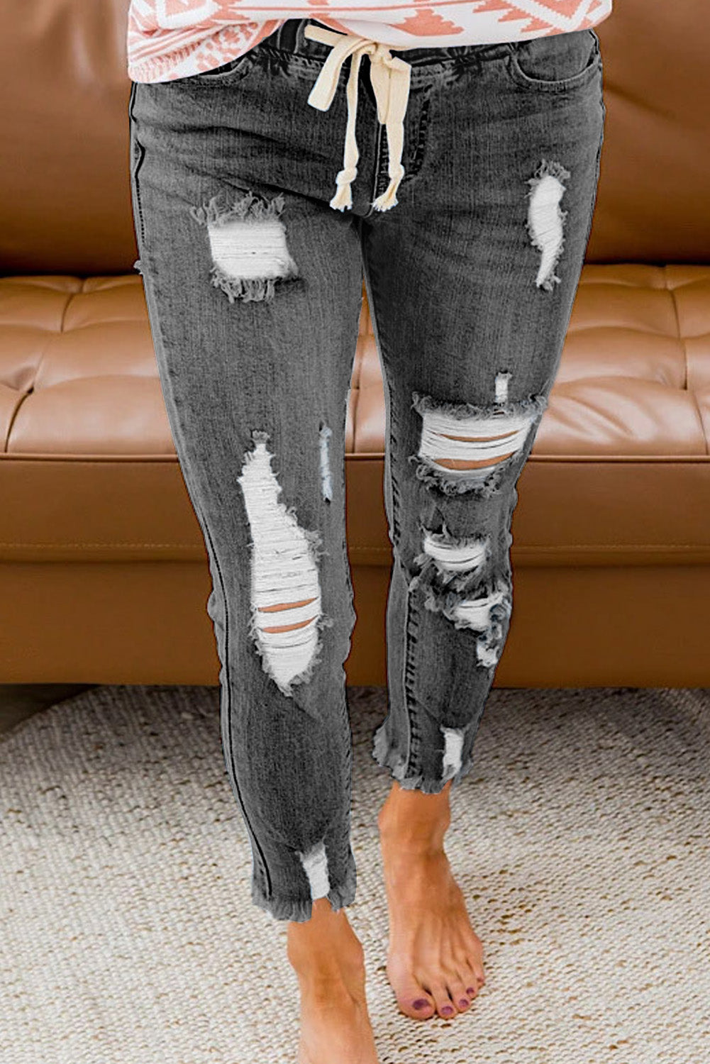 KittenAlarm - Women's Casual Washed Ripped Jeans Skinny Leg Elastic Waist Drawstring Denim Pants