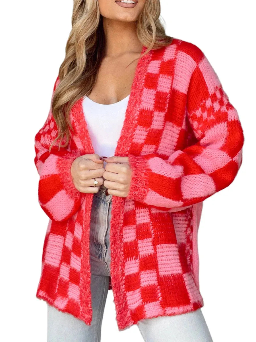 Checkered Loose Long Sleeve Open Front Cardigan
