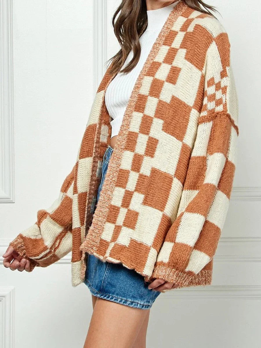 Checkered Loose Long Sleeve Open Front Cardigan