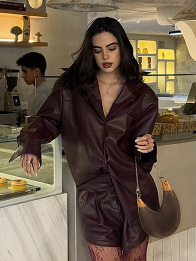 Burgundy Single Breasted PU Leather Coat