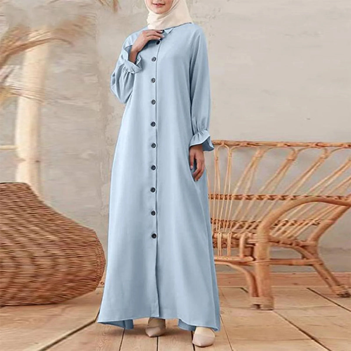 Clothing Long Sleeve Muslim Robe Islamic Clothing Abaya Shirt Buttoned Dubai Turkish Femme Hijab Arabic Wear Dress 8