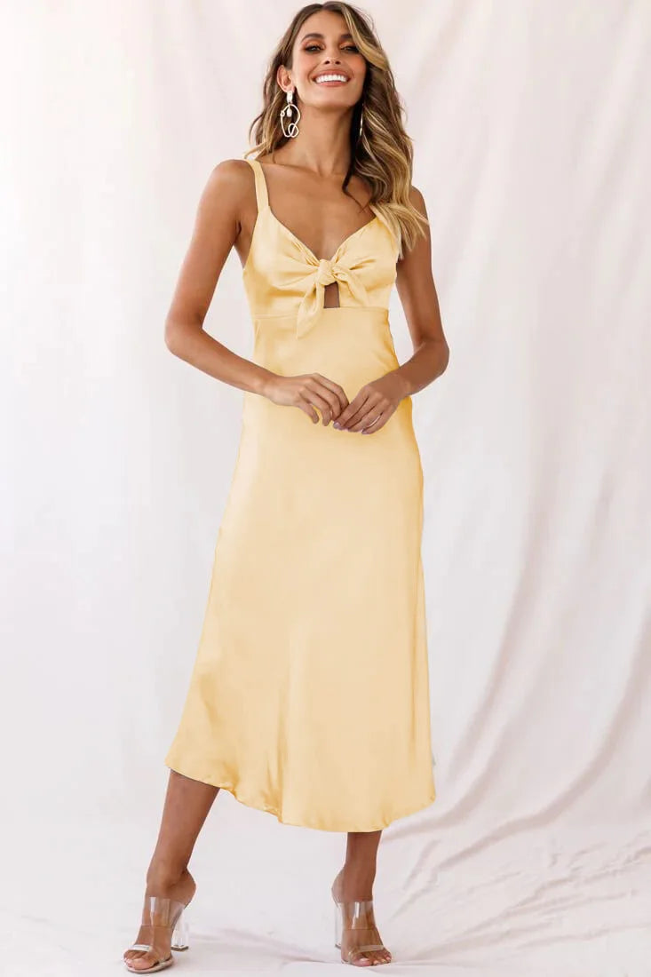 Satin Spaghetti Strap Bow Front Cut Out Slip Midi Dress - View 8