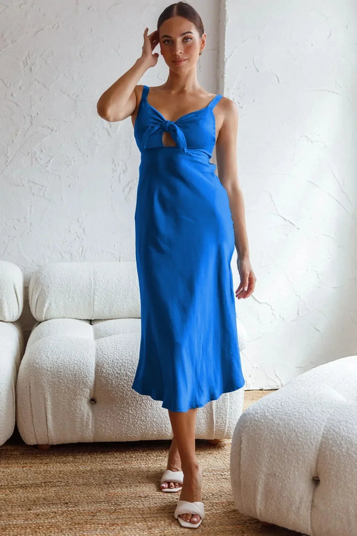 Satin Spaghetti Strap Bow Front Cut Out Slip Midi Dress - View 7