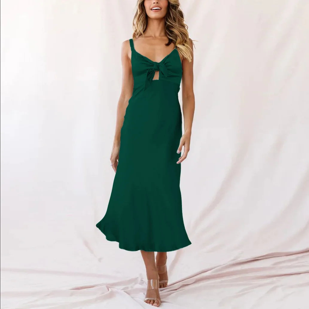 Satin Spaghetti Strap Bow Front Cut Out Slip Midi Dress - View 2