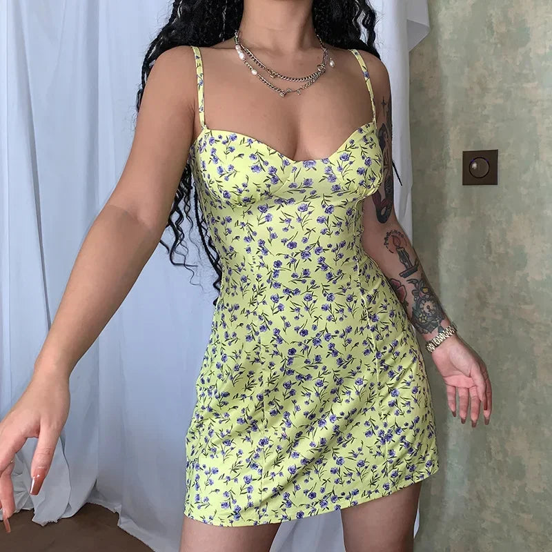 Floral Print Sweetheart Spaghetti Strap Bodycon Mini Dress