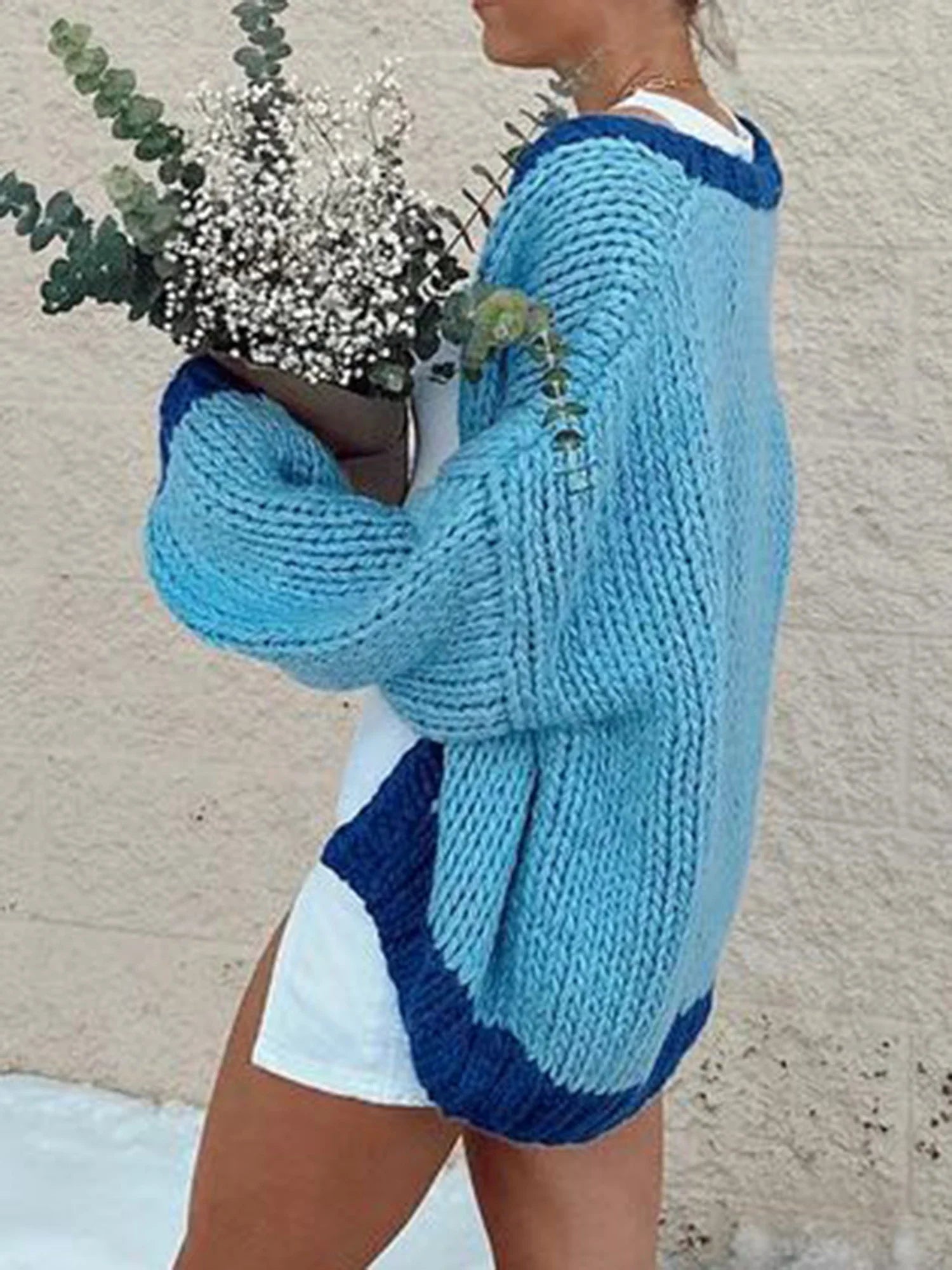 Contrast Color Open Front Loose Knit Cardigan