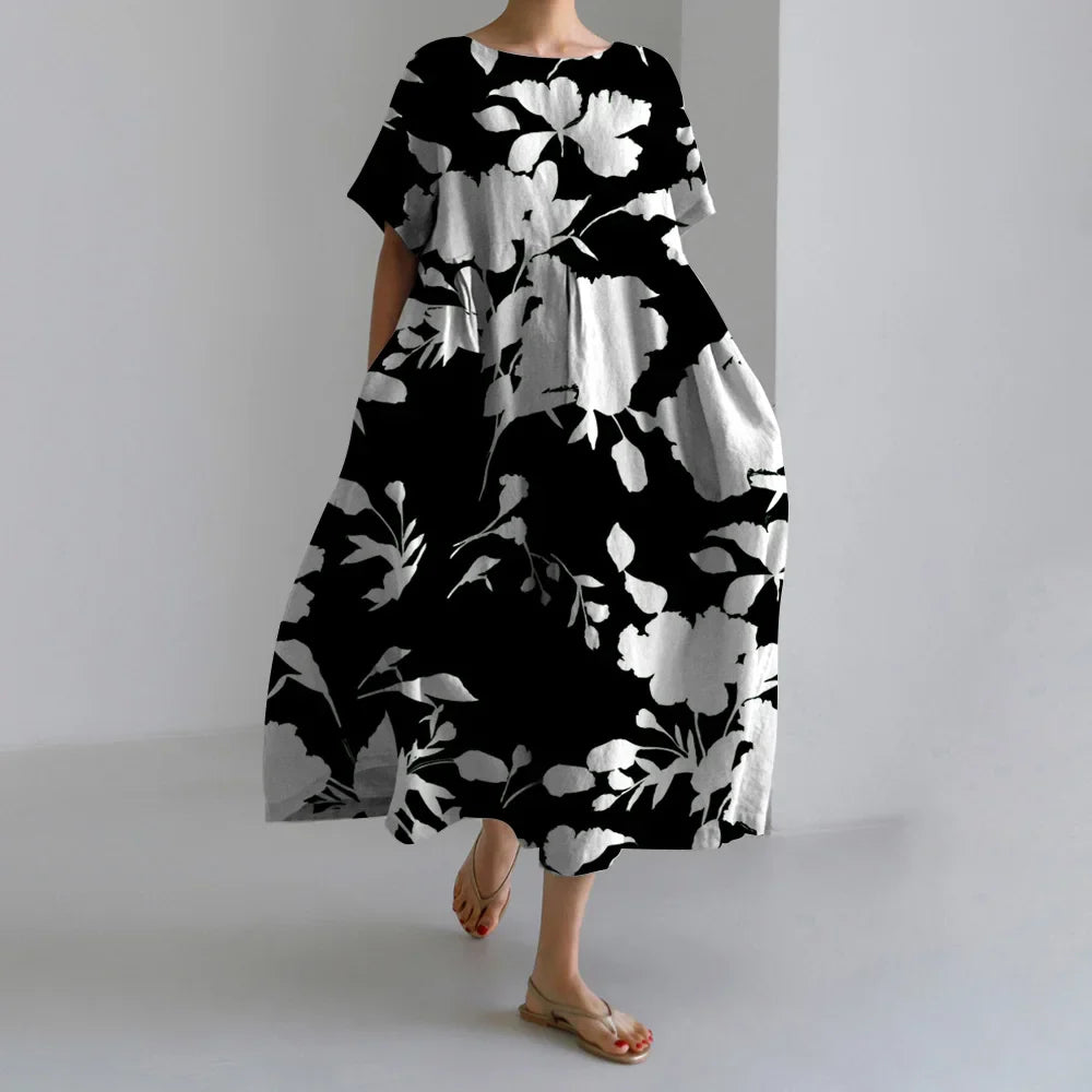 Exquisite 3D Floral Print Short Sleeve Midi Evening Dress