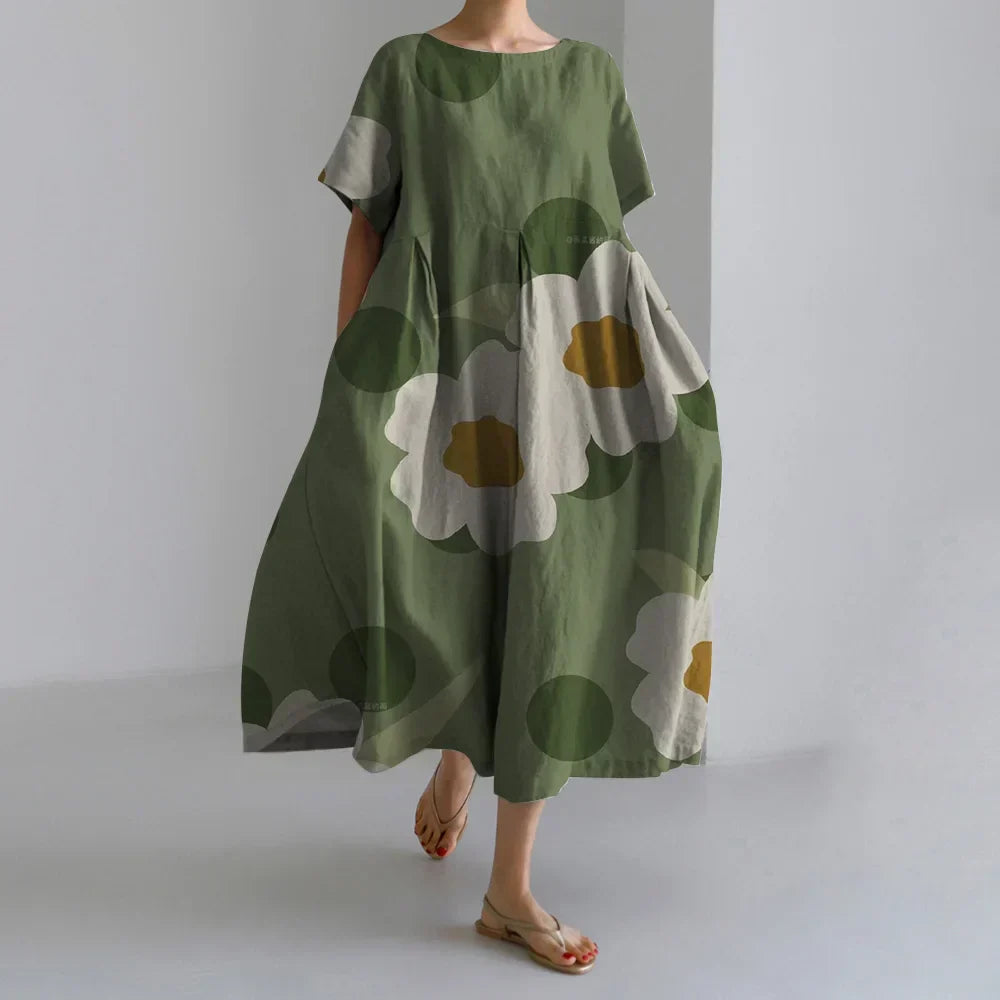 Exquisite 3D Floral Print Short Sleeve Midi Evening Dress green2 / S oldfloraldress-250126