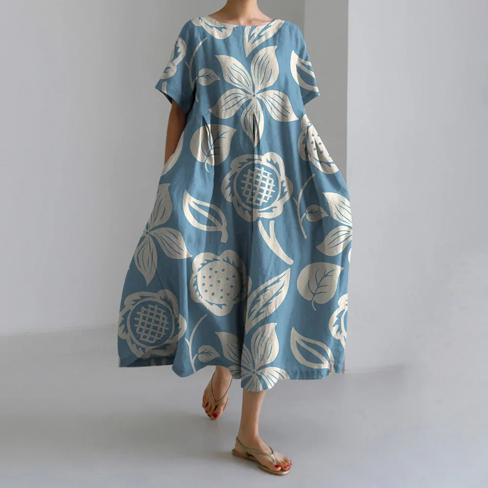 Elegant Autumn Retro Floral Print Round Neck Evening Dress