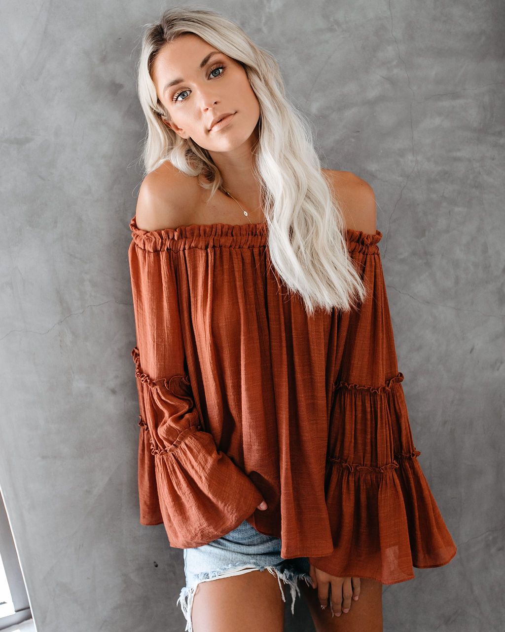 Women's Flare Sleeve Boat Neck Off Shoulder Blouse Summer Women Long Sleeve Top Casual Tops - Fashionpara