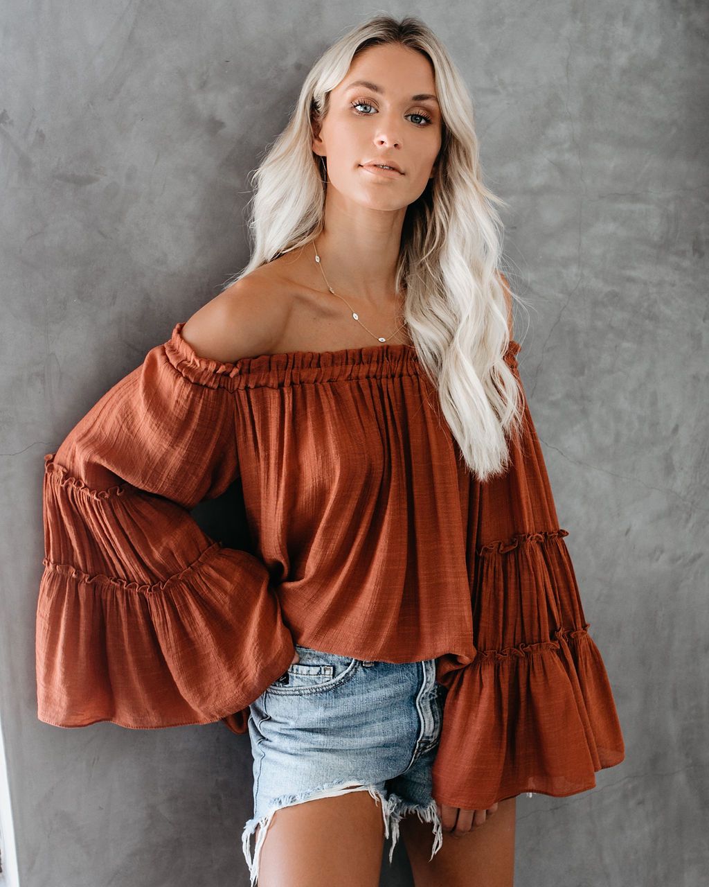 Women's Flare Sleeve Boat Neck Off Shoulder Blouse Summer Women Long Sleeve Top Casual Tops - Fashionpara